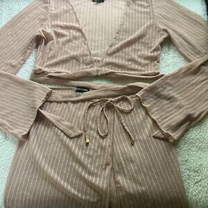 Blackbough Swim Tan Mesh Striped Crop Top w/ Skirt Matching Coverup Set Sz Small